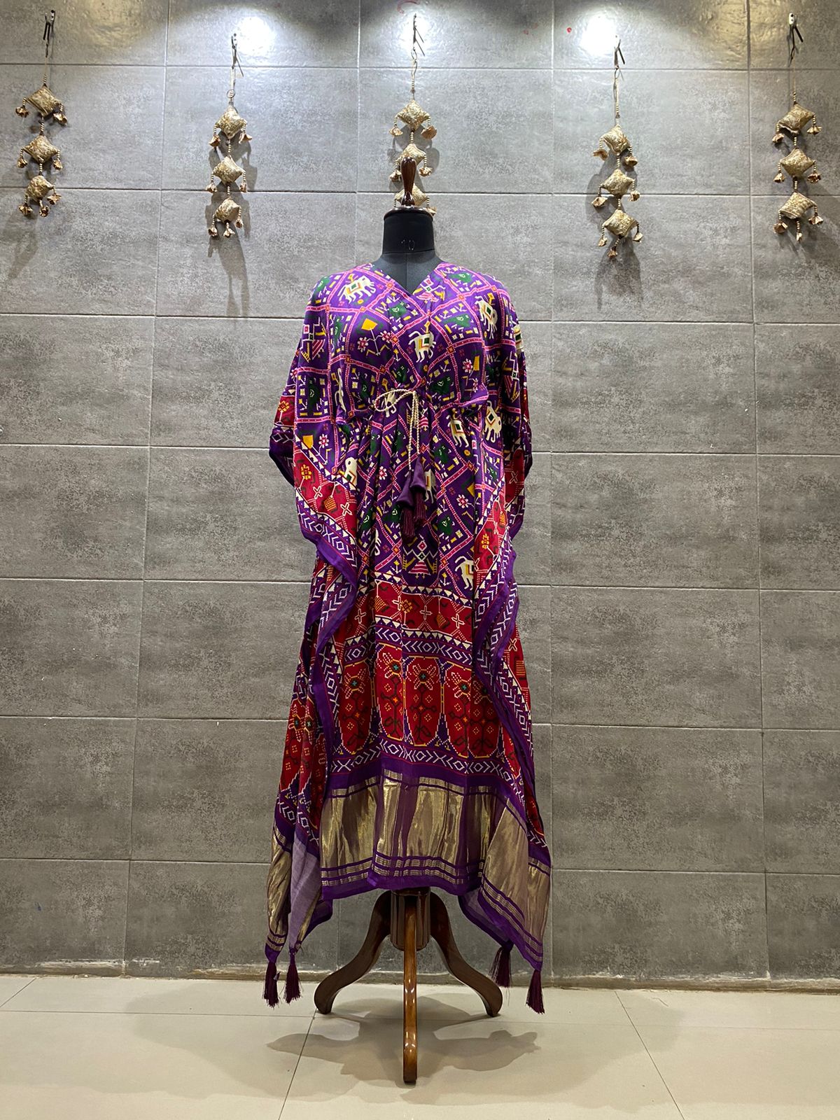 "Elegant Purple Patola Print Kaftan with Gold Accents"