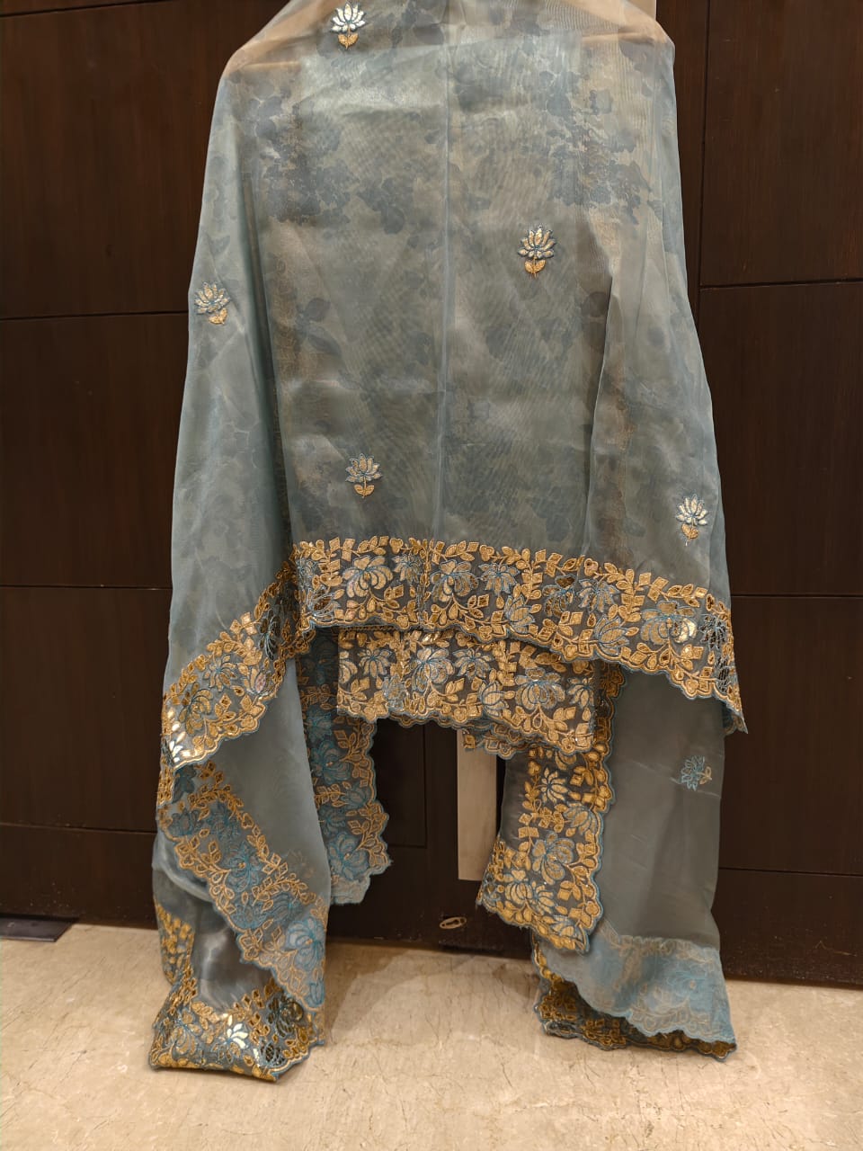 Soft Organza Gota Patti Mirror Work Suit Set with Organza Dupatta & Shantoon Bottom