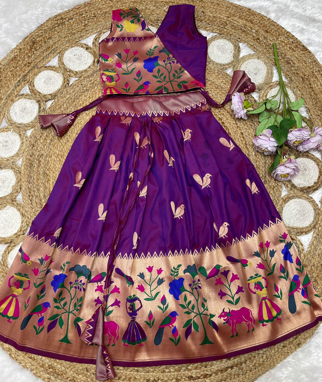 Traditional Kids Paithani Design Lehenga with Zari Weaving