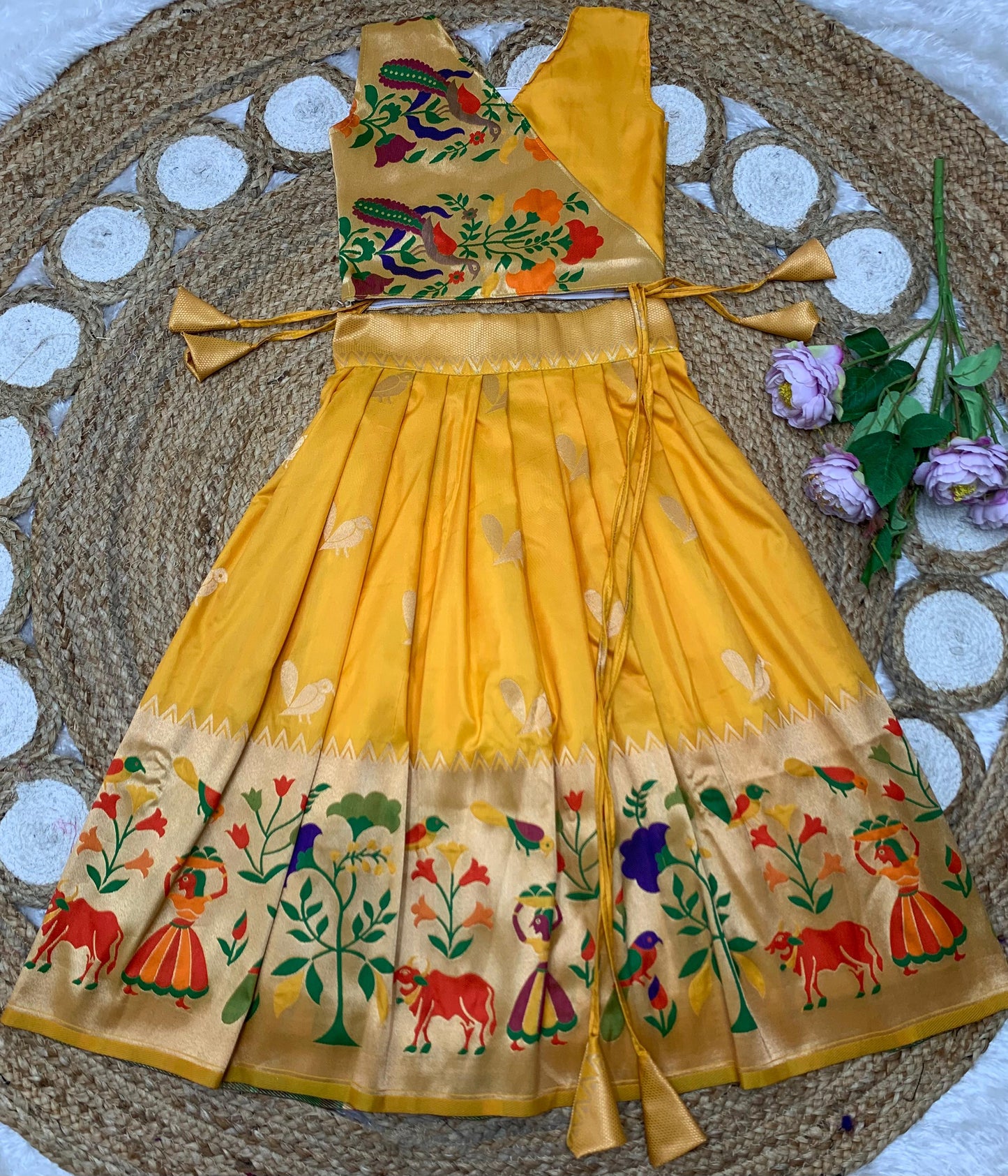 Traditional Kids Paithani Design Lehenga with Zari Weaving
