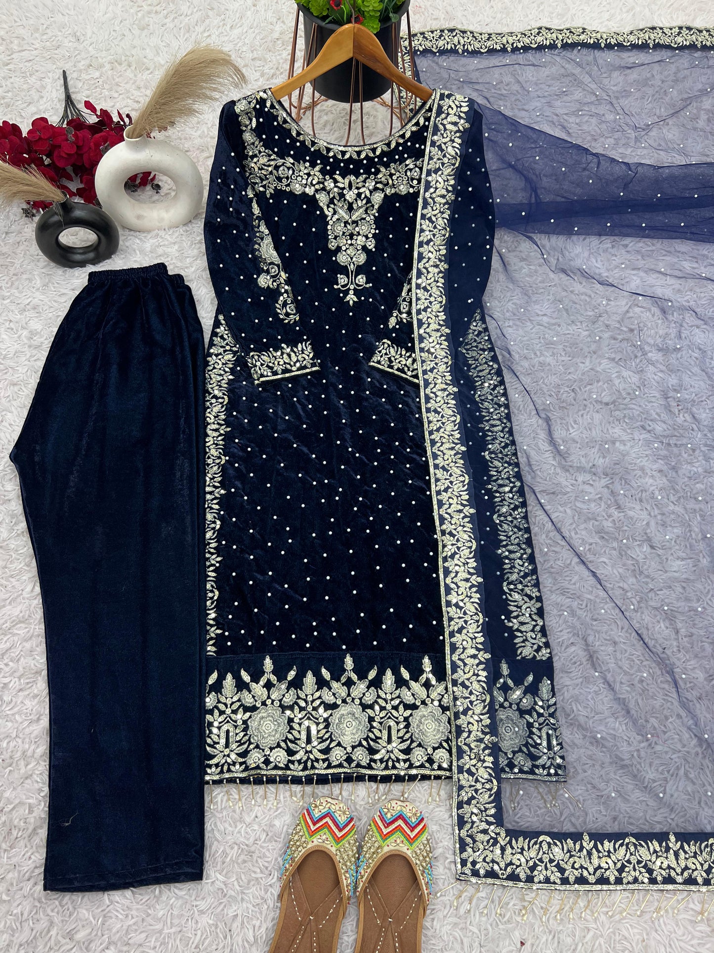 Dazzle in Royal Blue Party Wear Velvet Designer Set with elegant embroidery and sequin work. Perfect for every occasion!