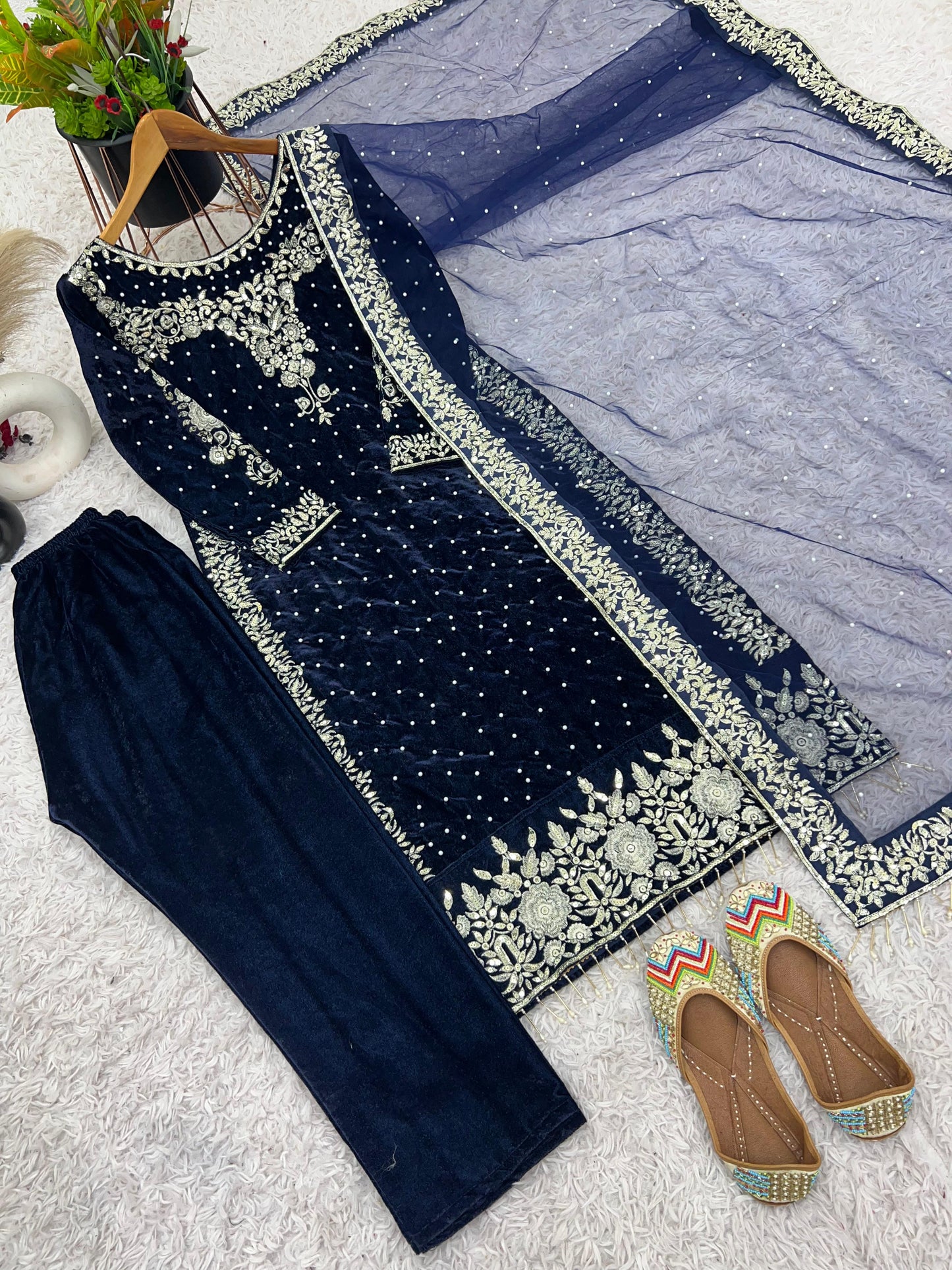 Dazzle in Royal Blue Party Wear Velvet Designer Set with elegant embroidery and sequin work. Perfect for every occasion!