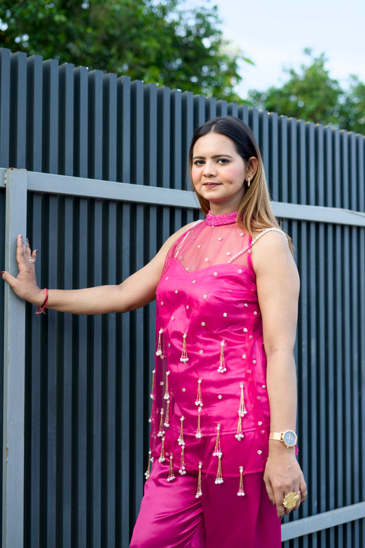 Hot Pink Tassel Embellished Festive Co-Ord Set