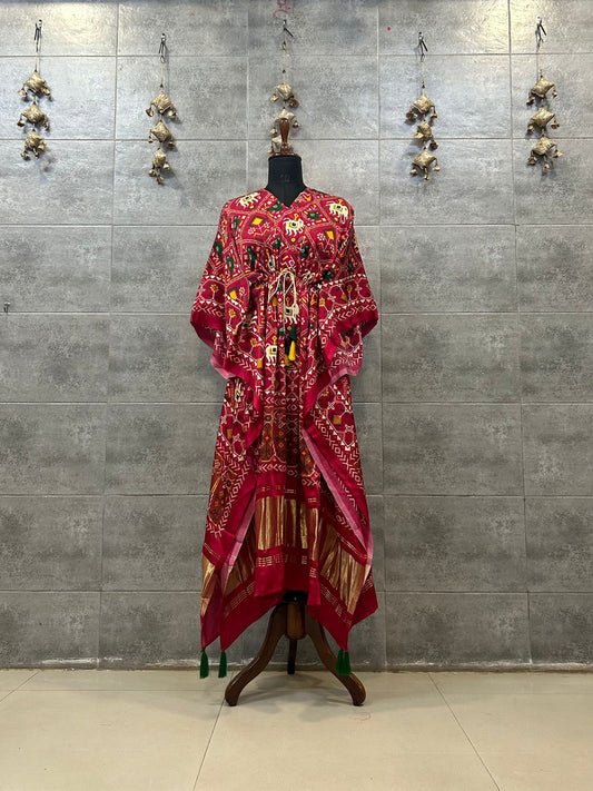 Elegant Red Pure Gaji Silk Kaftan with Traditional Design