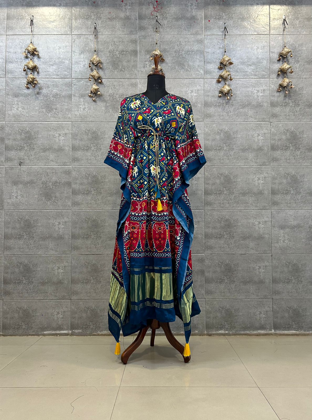"Elegant Blue Patola Print Kaftan with Gold Border"