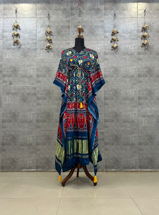 "Elegant Blue Patola Print Kaftan with Gold Border"