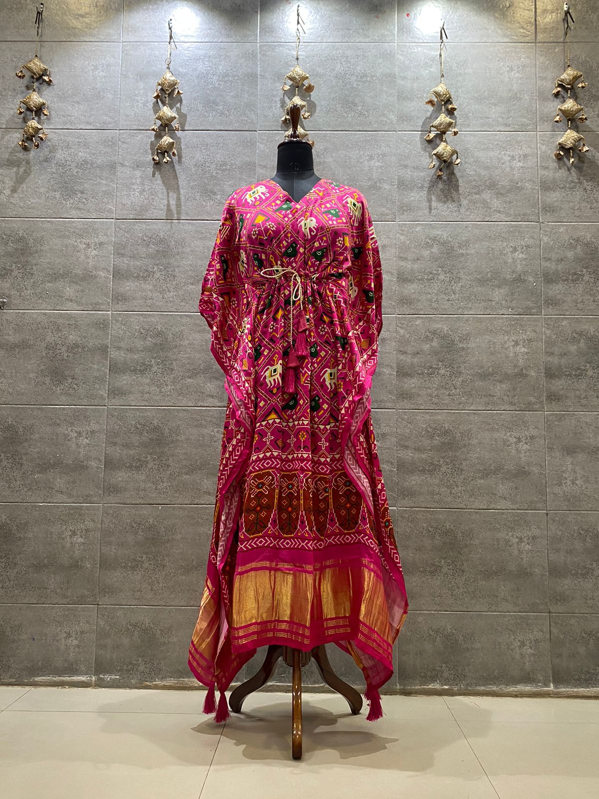 Vibrant Pink Patola Print Kaftan with Gold Accents