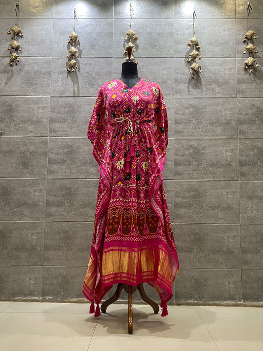 Vibrant Pink Patola Print Kaftan with Gold Accents