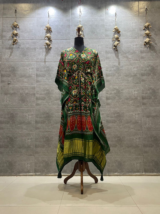 Graceful Dark Green Patola Print Kaftan with Gold Detailing