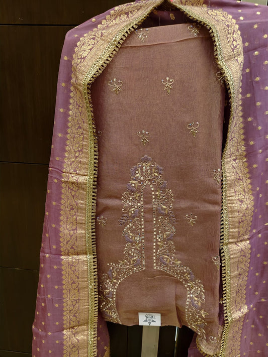Luxurious Mauve Soft Organza Shirt with Georgette Dupatta and Shantoon Trousers"