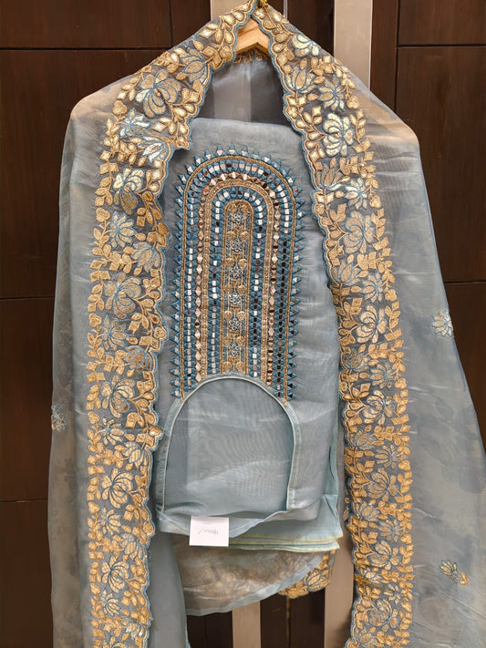 Soft Organza Gota Patti Mirror Work Suit Set with Organza Dupatta & Shantoon Bottom
