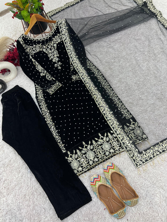 Launching New Party Wear Viscose Velvet Designer  Look Top-Dupatta and Fully Stiched Bottom With Heavy Embroidery Siquance Work💥👗💃🛍👌