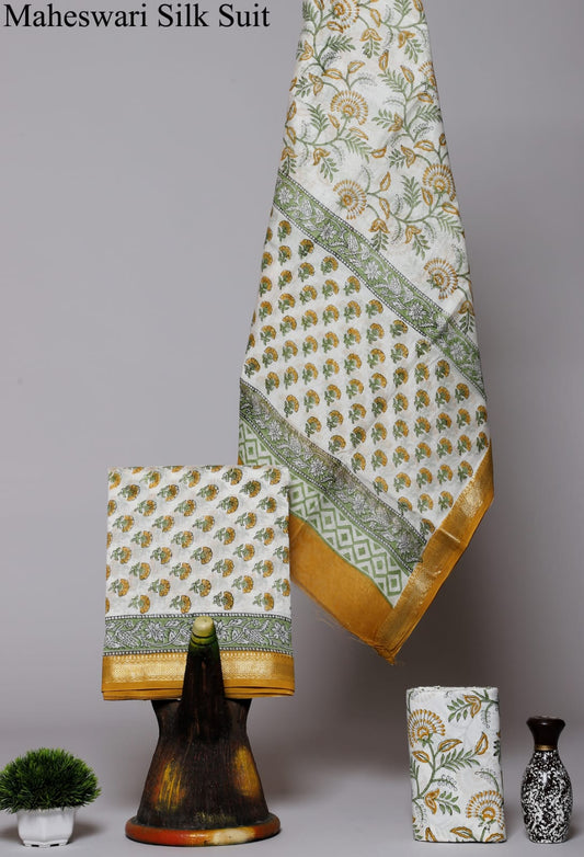 Ethereal Grace: White and Green Floral Maheshwari Silk Suit