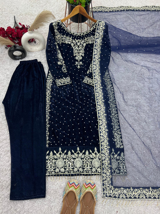 Dazzle in Royal Blue Party Wear Velvet Designer Set with elegant embroidery and sequin work. Perfect for every occasion!